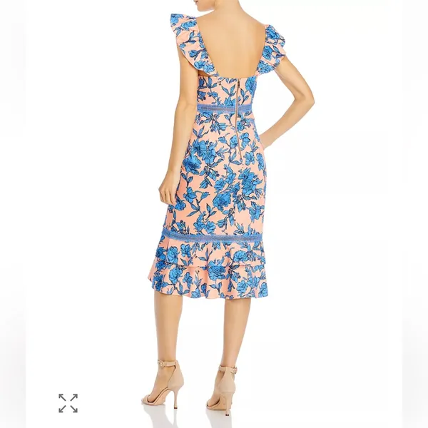 Alice + Olivia Jade Ruffled Floral Midi Dress Coral Blue Lace‎ Illusion Size 12 - Image 5