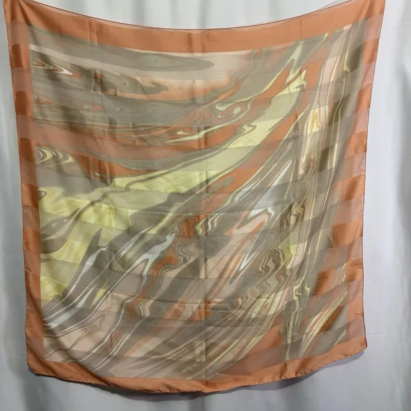 Vintage 70s 80s Abstract Marbled Sheer Square Scarf Rust Olive Silk Feel - Image 2