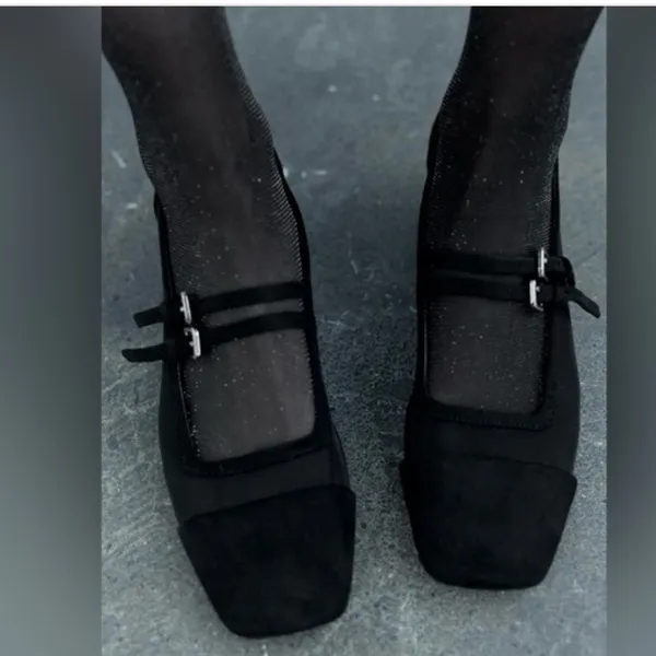 Zara Black Mesh Squared Toe Block Heeled Mary Jane’s Sz 37 (6.5) - Image 2