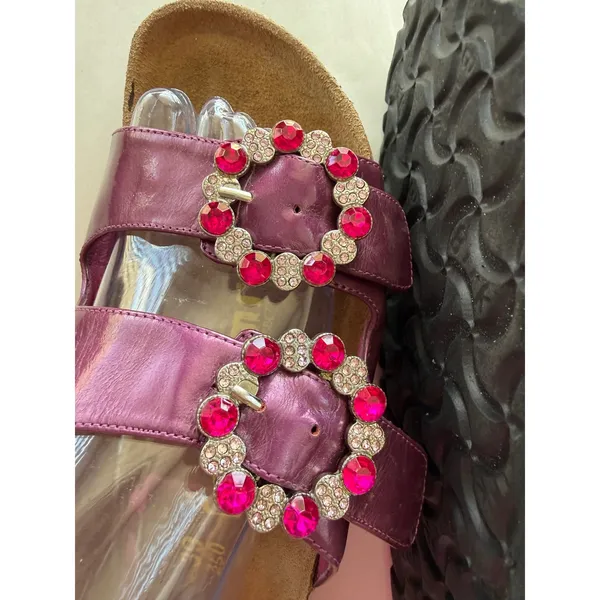 Tatami Women Leather Whimsy Sandals 39 Plum Rhinestone Buckle Slide Birkenstock - Image 4