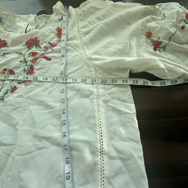 Zara Collection Dress Sz L Cotton Silk Blend Puff Sleeve Floral Embroidered - Image 13