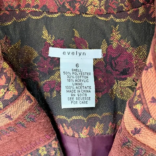 Evelyn Vintage Tapestry Style Blazer Jacket Rust Orange Floral Woven Design S - Image 5