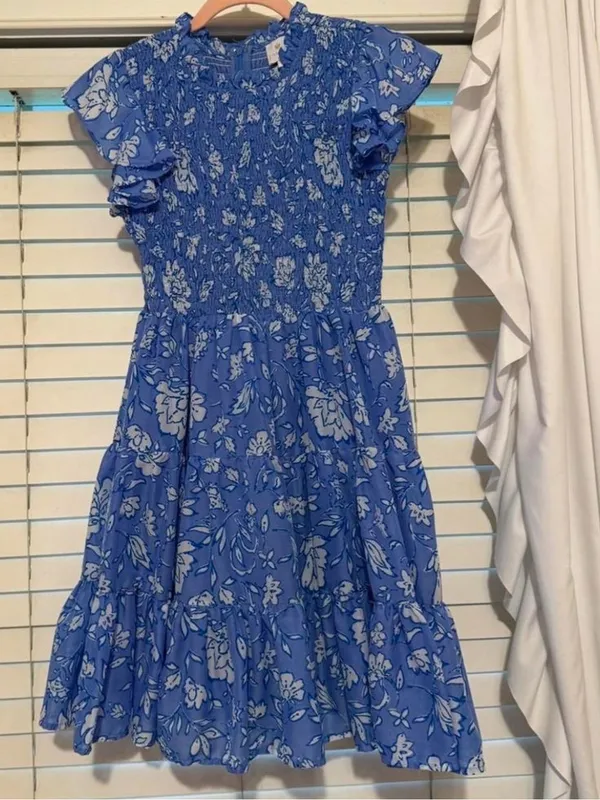 Girls' Blue Floral Smocked Cotton Dress - Image 2