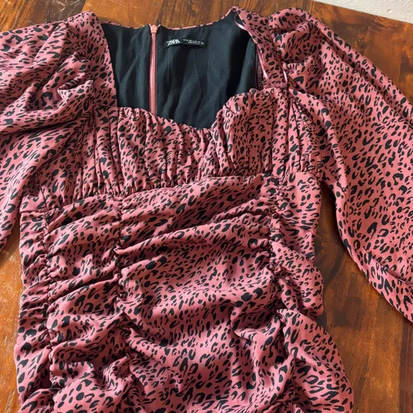 Zara‎ Pink Leopard Print Ruched Mini Dress Square Neck Long Sleeve Womens Medium - Image 11