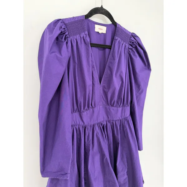 Xirena Ophelia Dress Puff Sleeve Cotton Mini M Purple V-Neck Smocked Boho Poplin - Image 3