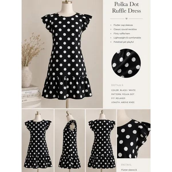 Black White Polka Dot Ruffle Hem Dress Size Medium Retro Chic Mini Dress M - Image 2