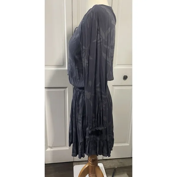 Sundry Floral Print Button Front Tie Waist‎ Long Sleeve Mini Dress Charcoal M - Image 7