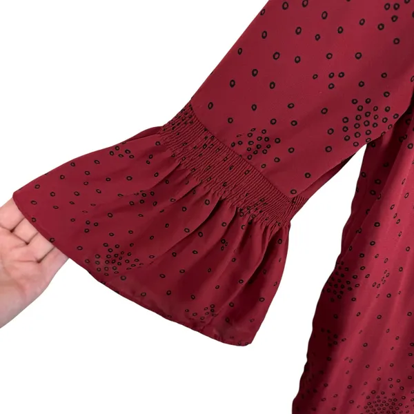 Ann Taylor Red Black Patterned Round Neck 3/4 Bell Sleeve Lightweight‎ Blouse S - Image 4