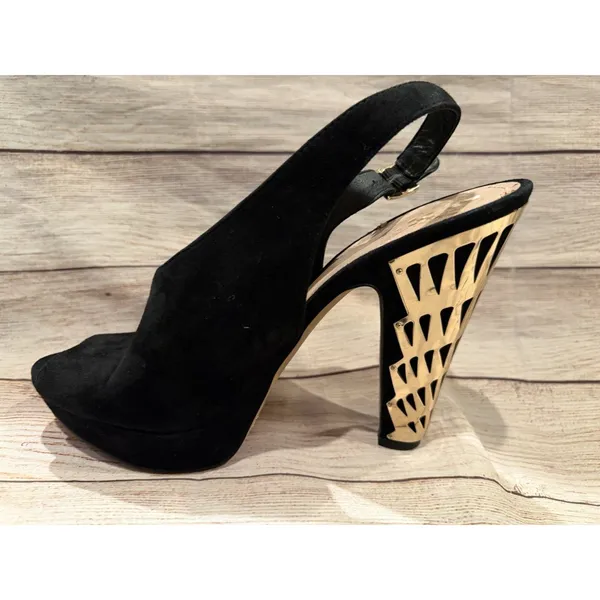 Vince Camuto black suede peep toe shoes Gold Metal Cut Out Heel Size 10 - Image 4