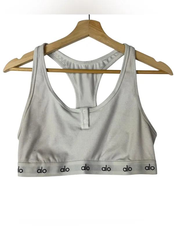 ALO Yoga Cream Icon Ribbed Henley Athletic Bra M - Image 2
