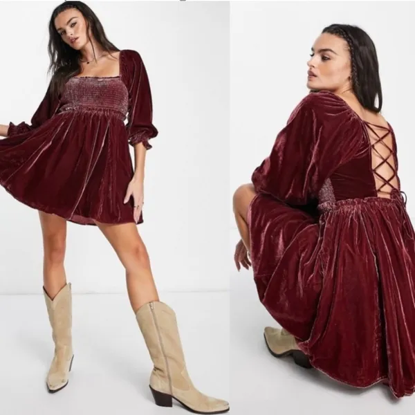 Free People Daphne Boho-Chic Velvet Whimsical Grunge Mini Dress Lace Back Sz S - Image 2