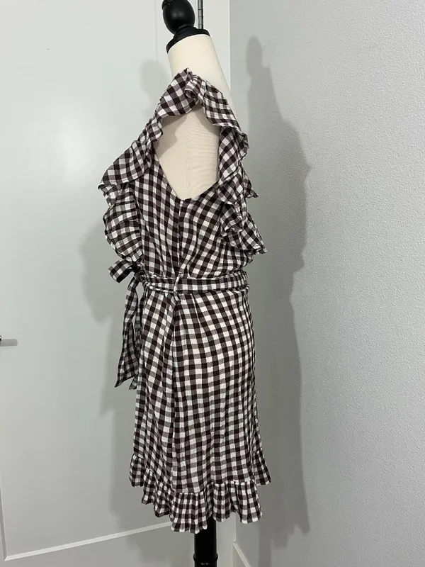 New Topshop Size 10 Brown Gingham Ruffle Sleeve Sash Dress NWT - Image 6