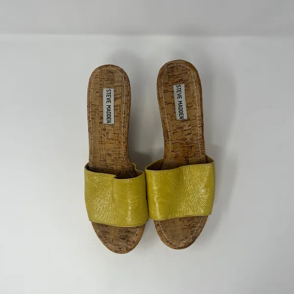 Steve Madden Surg Women Yellow Leather Cork Platform Wedge Sandals‎ Heels 9M - Image 3