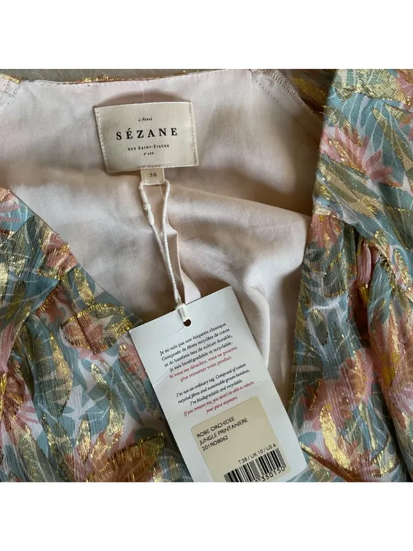 RARE NWT Sezane Orchidee Metallic golden Wrap silk midi Dress bust 38 SZ38 US6 - Image 3