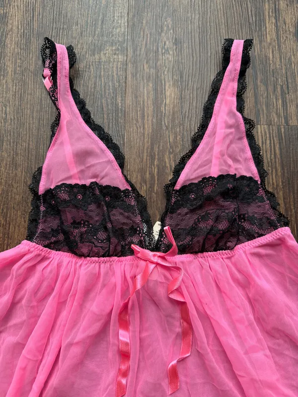 NWT Victorias Secret Pink and Black Sheer Lace Babydoll Nightie Dress - Size S - Image 3