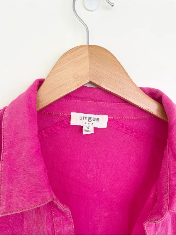 Umgee Hot Pink Ruffle Sleeve Collared Mini Shirt Dress S Small Barbiecore Boho - Image 10