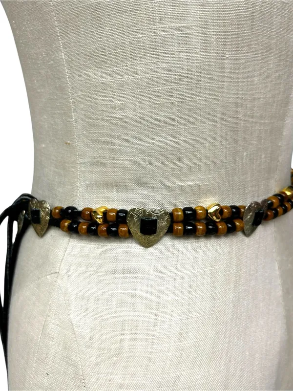 Vintage Beaded Leather Wrap Tie Belt Hearts Western Boho Waist Belt - Image 5
