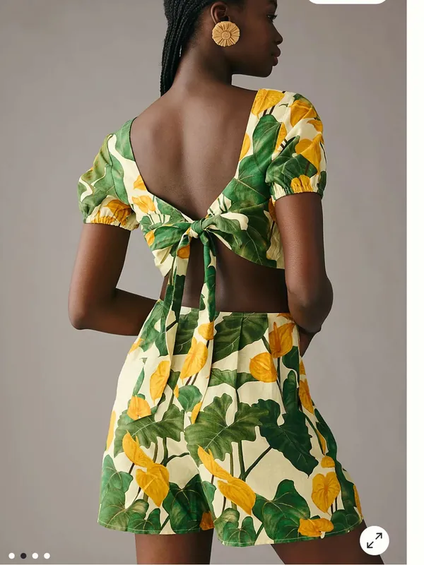 Farm Rio Tropical Anthurium Cutout Romper XS Yellow Green Linen - Image 9