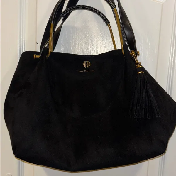 House Of Harlow 1960 Black Suede Bag W/ Shoulder Strap Gold/Brass Toned Handle - Image 7