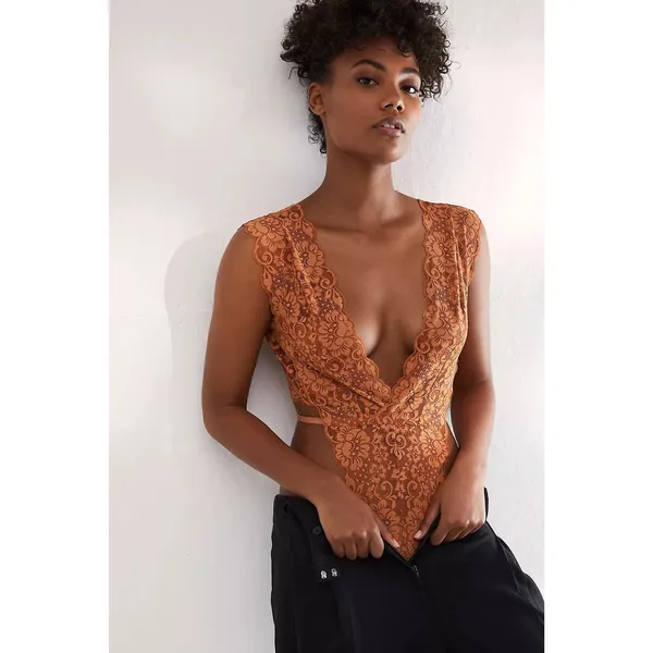 NEW Free People HAH Brown Sugar Cut to the Chase Lace V-neck Boho Bodysuit L - Image 2