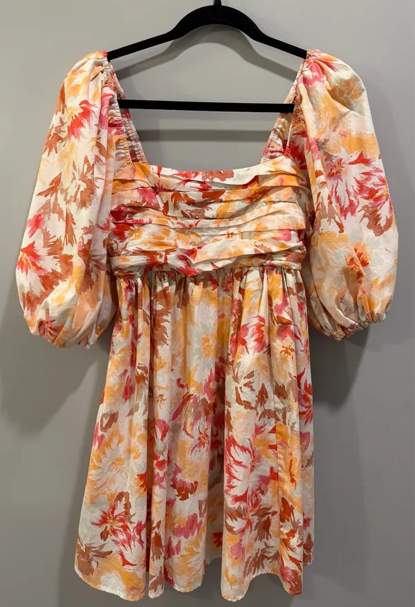 Abercrombie & Fitch Peach Floral Emerson Poplin Puff Sleeve Square Neck Mini Dress - Image 4