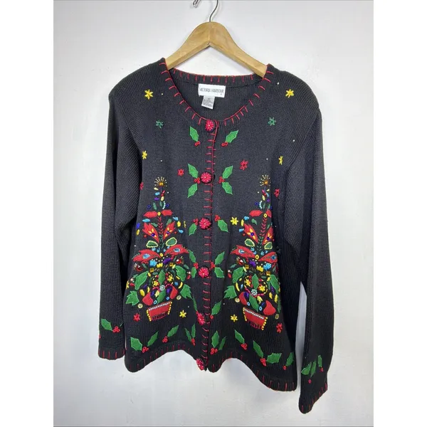 Victoria Harbour medium Embroidered Christmas Sweater Cardigan Sequin vintage - Image 5
