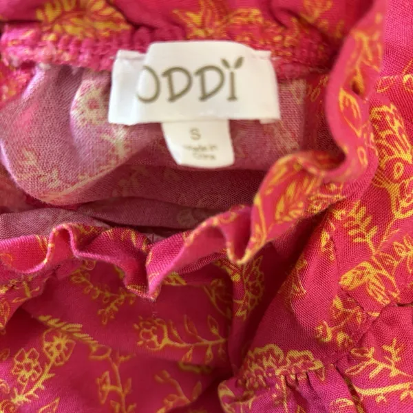 Oddi Small Rayon Blouse Ruffle Sleeve High‎ Neck Pink Orange Floral Feminine - Image 7