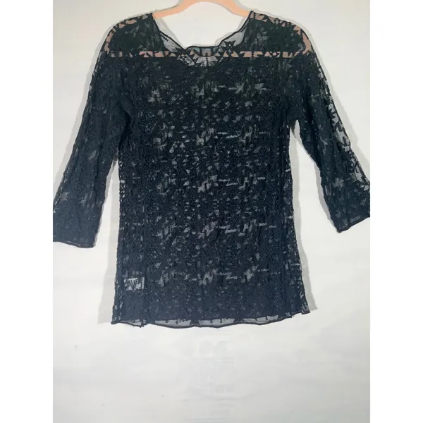 Maurice Black Lace Sheer‎ Women Tunic Top 3/4 Sleeve Layering Boho Chic M - Image 2