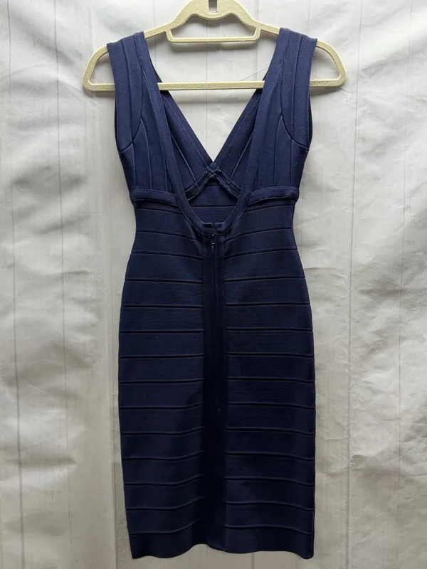 Herve Leger Karima Pacific Blue V-Neck Sleeveless Body Con Bandage Dress Small - Image 4