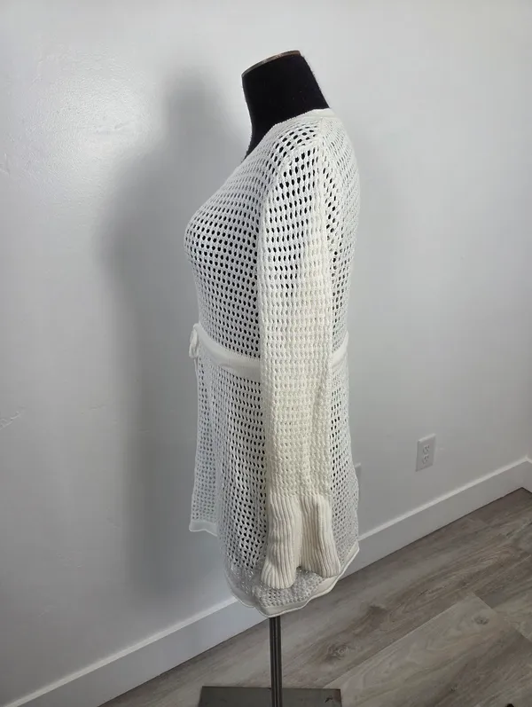 Ivory Cream Loose Knit Swim Cover Up Long Sleeve Sheer Cottagecore Beach Boho L - Image 3