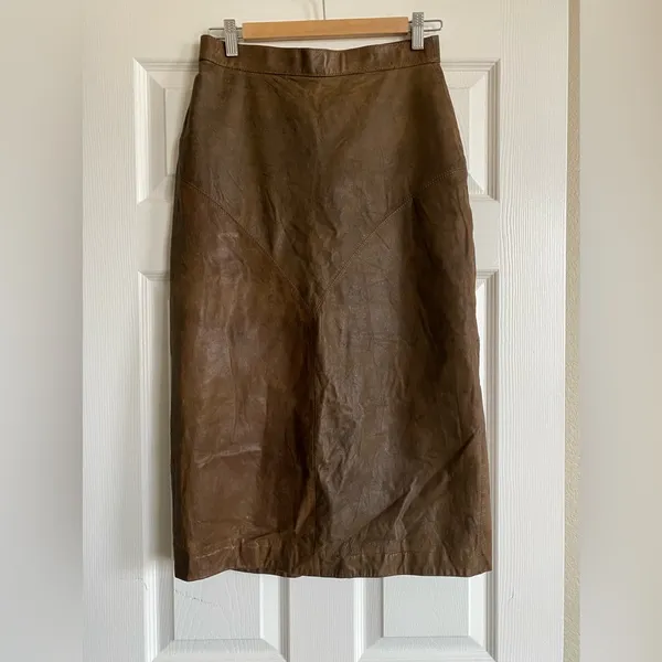 Brown Genuine Leather Midi Skirt High Waist Straight Size 9 Vintage - Image 2