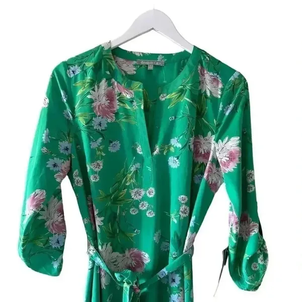 Anthropologie Daniel Rain Green Floral Print 3/4 Sleeve Tie Dress SZ M #2194 - Image 2