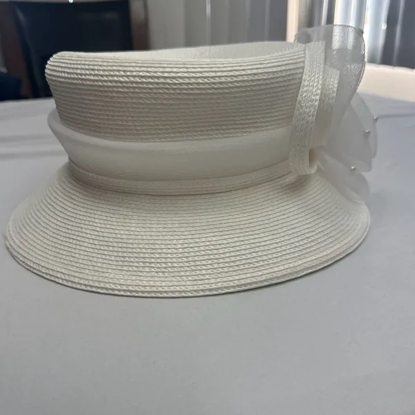White Elegant Church Dress Hat with Mesh Bow Rose and Faux Pearls - Image 4