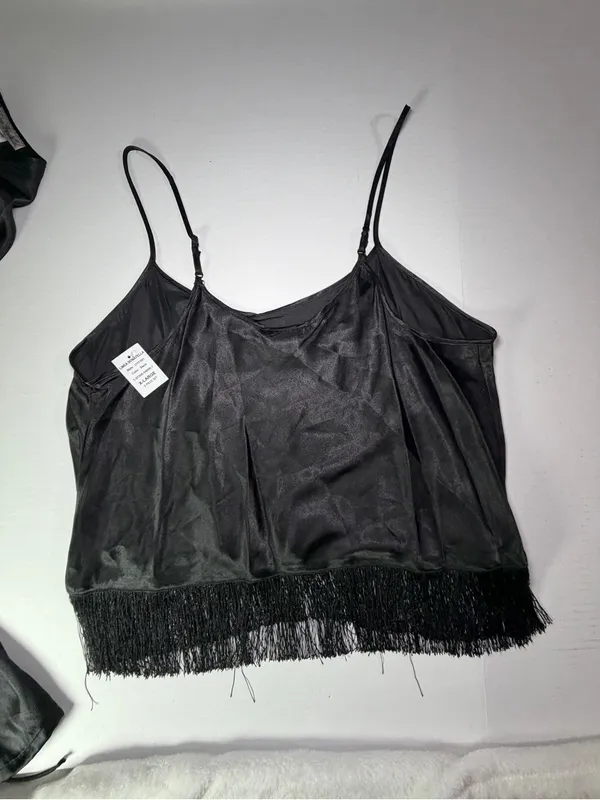 Linea Donatella Black Satin Camisole and Fringe Robe Set - Image 6