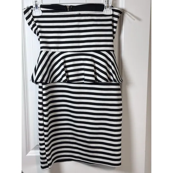 Pitaya Women Strapless Peplum Dress Retro Black & White Stripe size M - Image 3