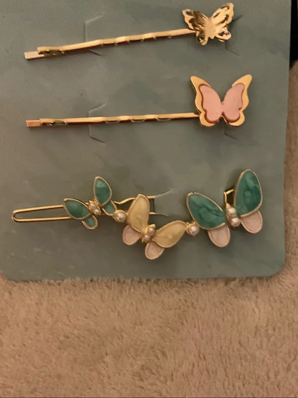Gold Butterfly Bobby Pin Set with Pink & Teal Accents - Image 4