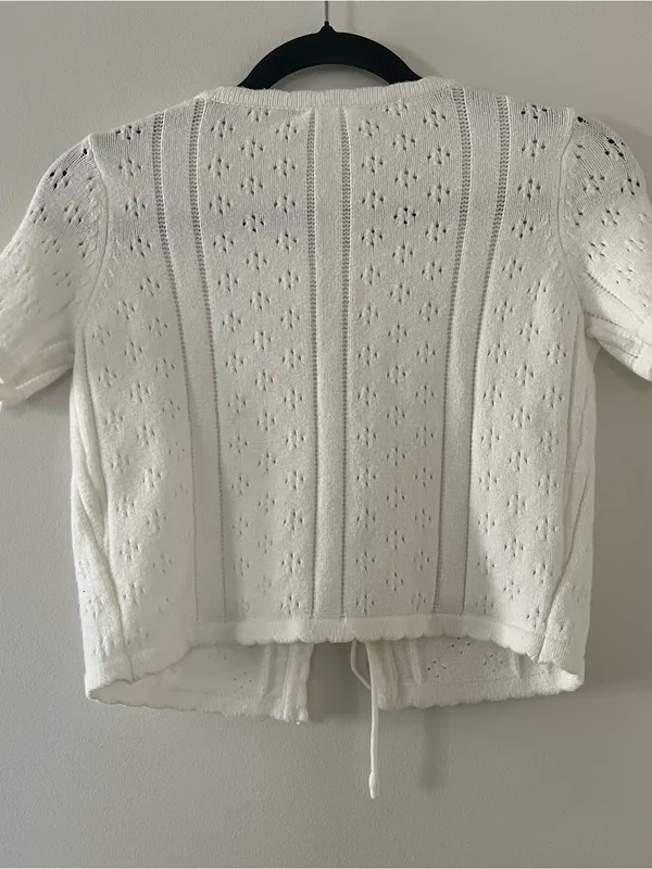 Ivory White Pointelle Tie Front Knit Cropped Cardigan XS Cottagecore Coquette - Image 5