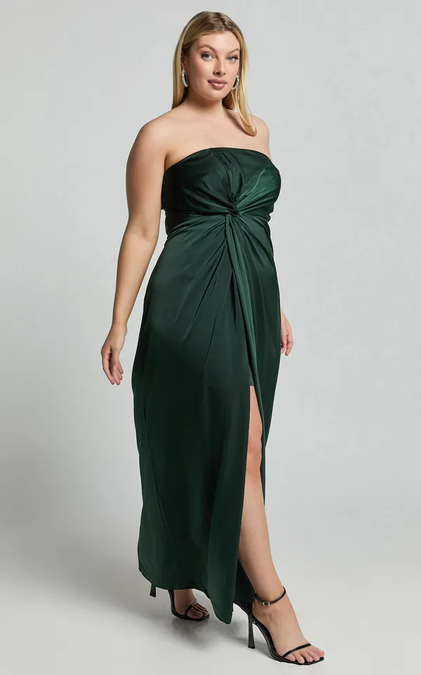 Showpo New Hathaway Maxi Dress Strapless Straight Neck Twist Front Split Emerald Large - Image 4