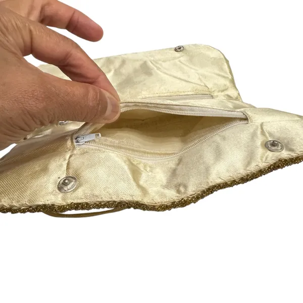 Vintage Gold Beaded Evening Clutch w/ Chain Strap Ivory Satin Floral Embroidery - Image 8