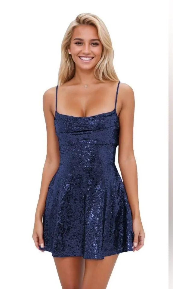 NWT B Darlin Blue Sequin Sparkly Cowl Neck Mini Dress - Image 11