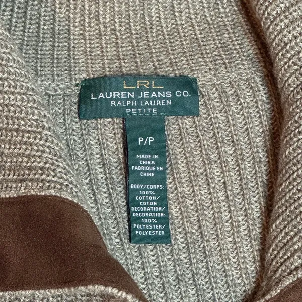 LRL Ralph Lauren Women Petite P Brown Cotton Knit Cardigan Suede Elbow Patches - Image 3