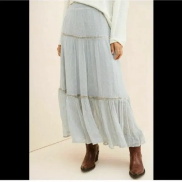 Free People Women's baby blue beaded Ella Ruched Tiered Peasant Maxi Skirt - Image 2