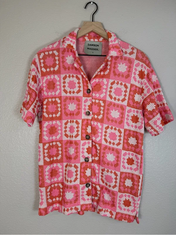 Damson Madder Bessie Wave Crochet Short Sleeve Co-ord Shirt Pink Orange 6 $136 - Image 6