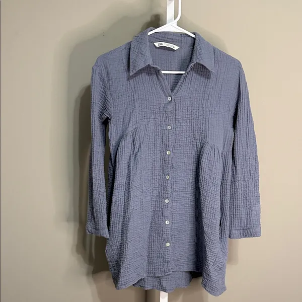 ZARA Blue Gray Cotton Gauze Crinkle Babydoll‎ Tunic Dress XS - Image 3