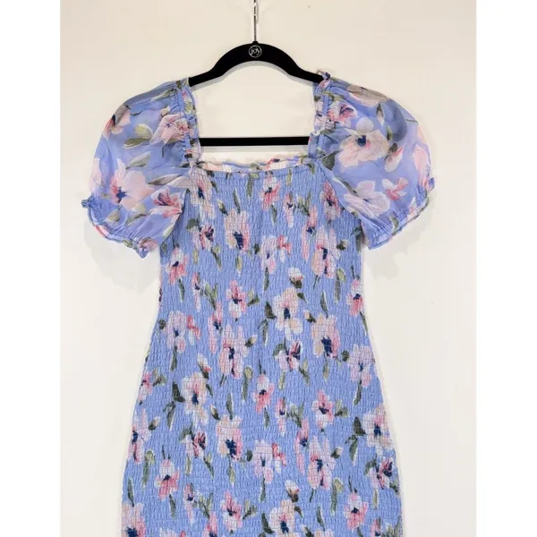 Abercrombie Fitch Dress Purple Smocked Midi Bodycon Floral Ruffle Coquette Small - Image 10