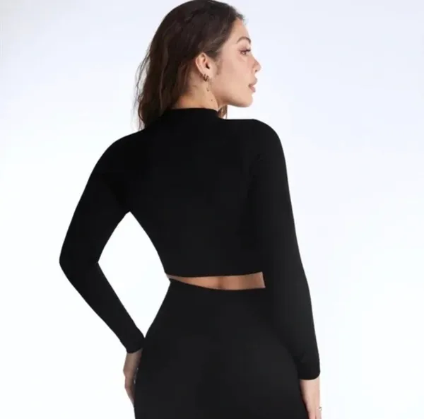 SET ACTIVE Black Cropped Long Sleeve Zip Up Scultflex Ribbed Logo - Image 3