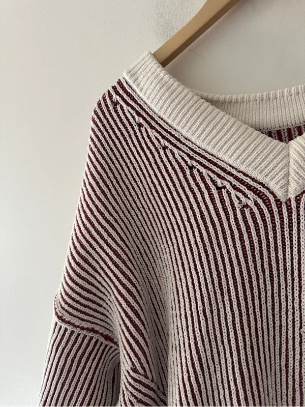 Aerie Red and Cream Beyond Chenille Chunky Knit V Neck Sweater‎ - Image 3