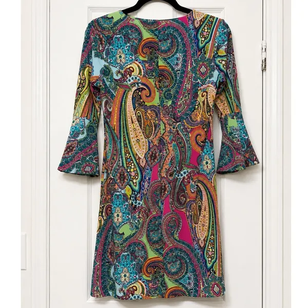 Tommy Hilfiger Petite 4P Multicolor Paisley Bell Sleeve Shift Dress Boho - Image 3