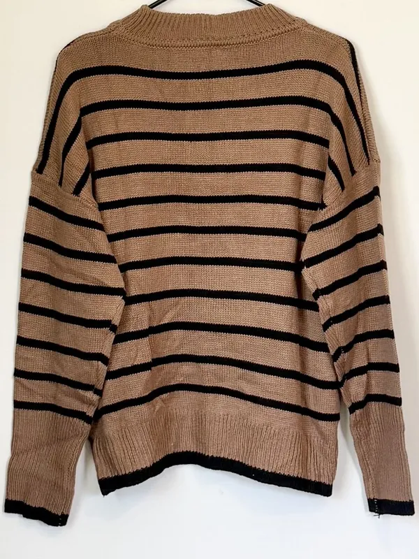 NWT Cupshe Brown and Black Striped Drop Shoulder Knit Sweater - Size: Large - Image 6
