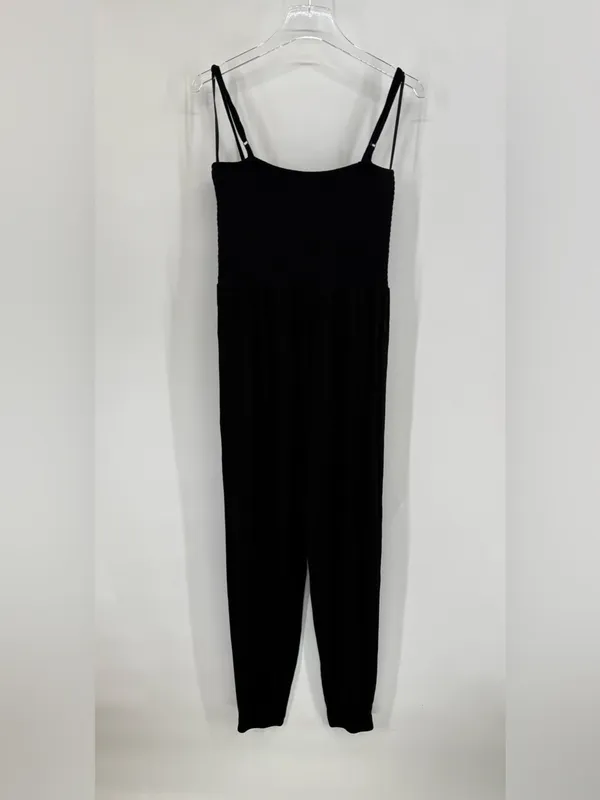 Posh peanut Bamboo Smocked Spaghetti Jumpsuit - Black Ribbed size L - Image 3